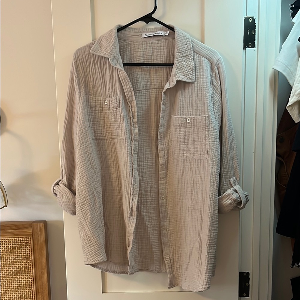 CLEARANCE Calvin Klein Gauze Casual Beige Button-Up Shirt XL